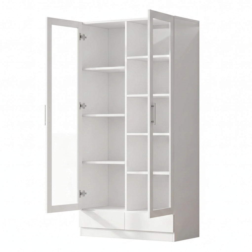 Vetrina 80x40x160 cm in MDF e vetro bianco con 2 cassetti e ripiani