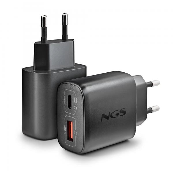 NGS ERA 45W BLACK: CARICATORE GaN DA PARETE UNIVERSALE DA 45W con 2 porte: USB-C + USB-A
