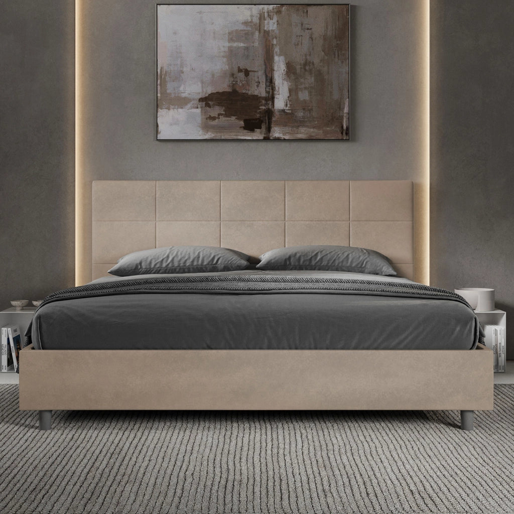 BS COM Letto matrimoniale king size senza rete imbottito 190x190 microfibra sabbia