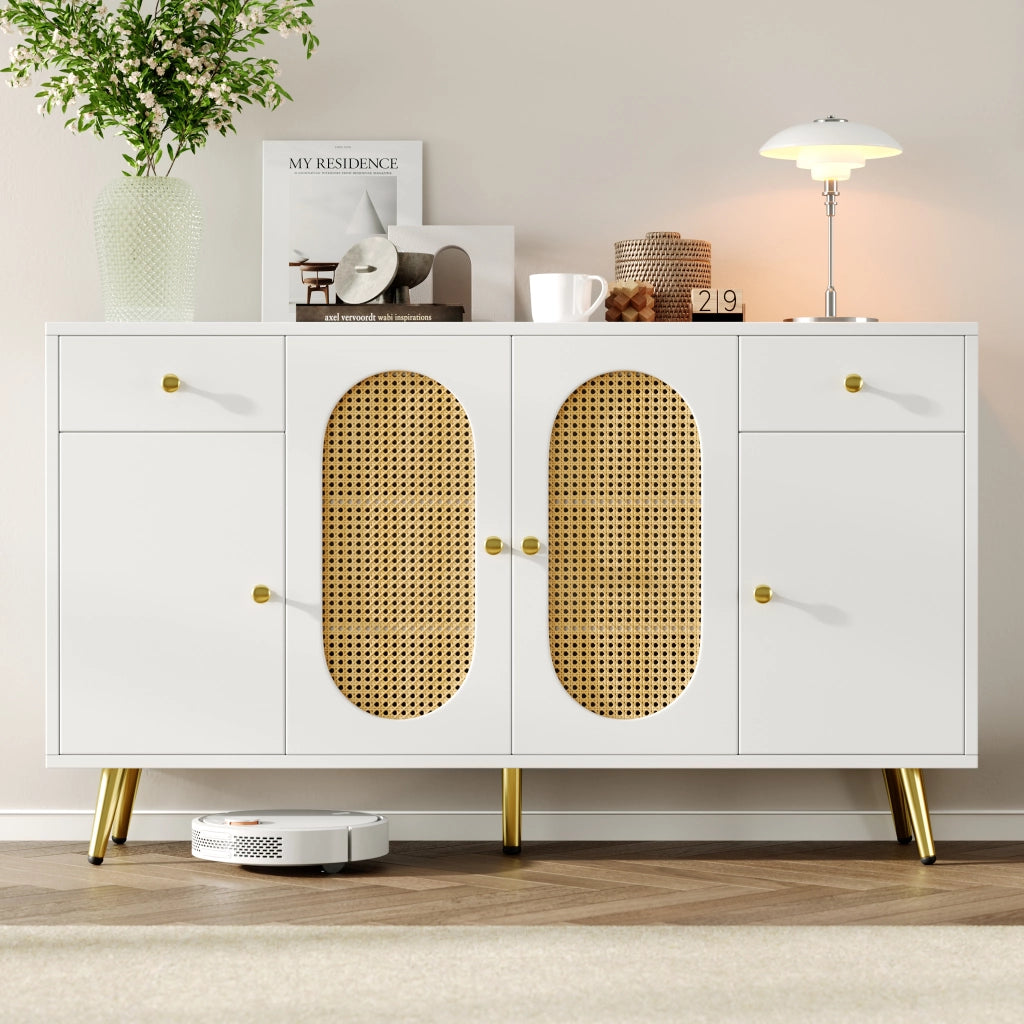 Credenza con 4 ante, 2 cassetti e ripiani regolabili per soggiorno, in truciolare bianco e naturale, 140 × 35 × 82 cm