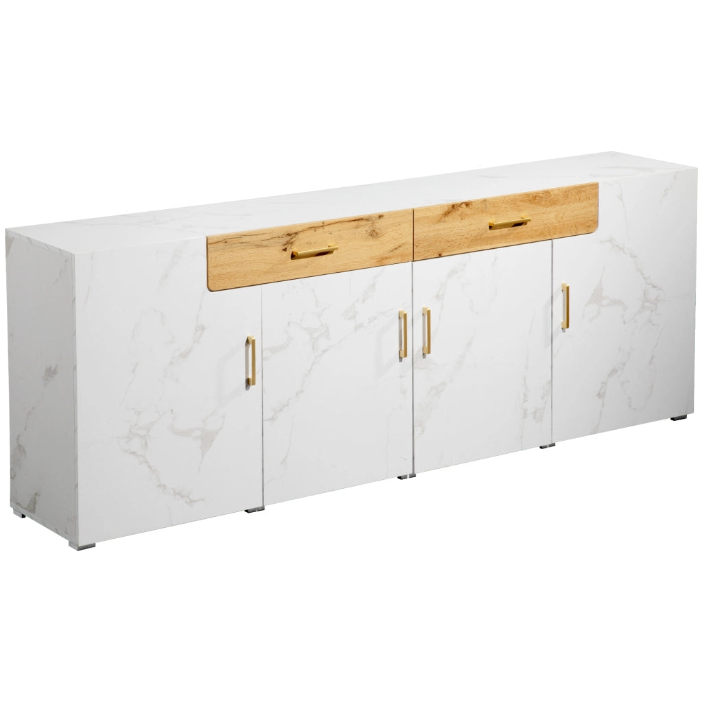Credenza e madia con 4 ante e 2 cassetti, finitura marmorizzata, per soggiorno e cucina, bianca, 208 × 39,5 × 80 cm