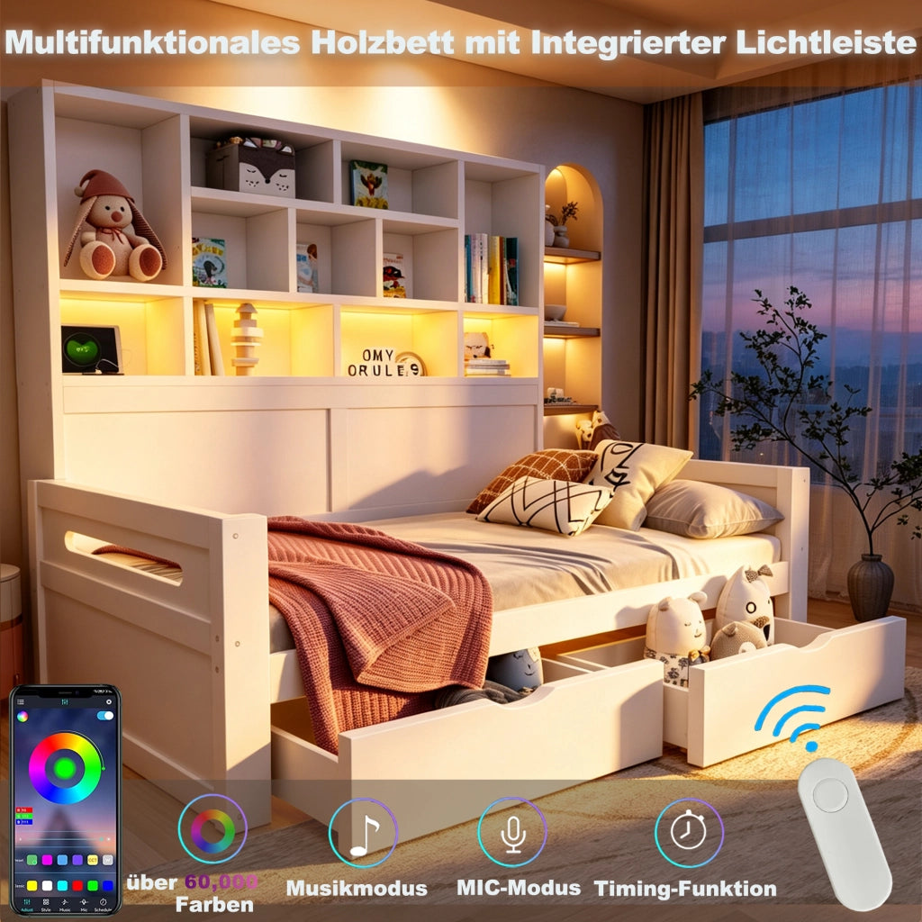 Letto con cassetti 90 × 200 cm con testiera a ripiani LED e prese elettriche in MDF bianco