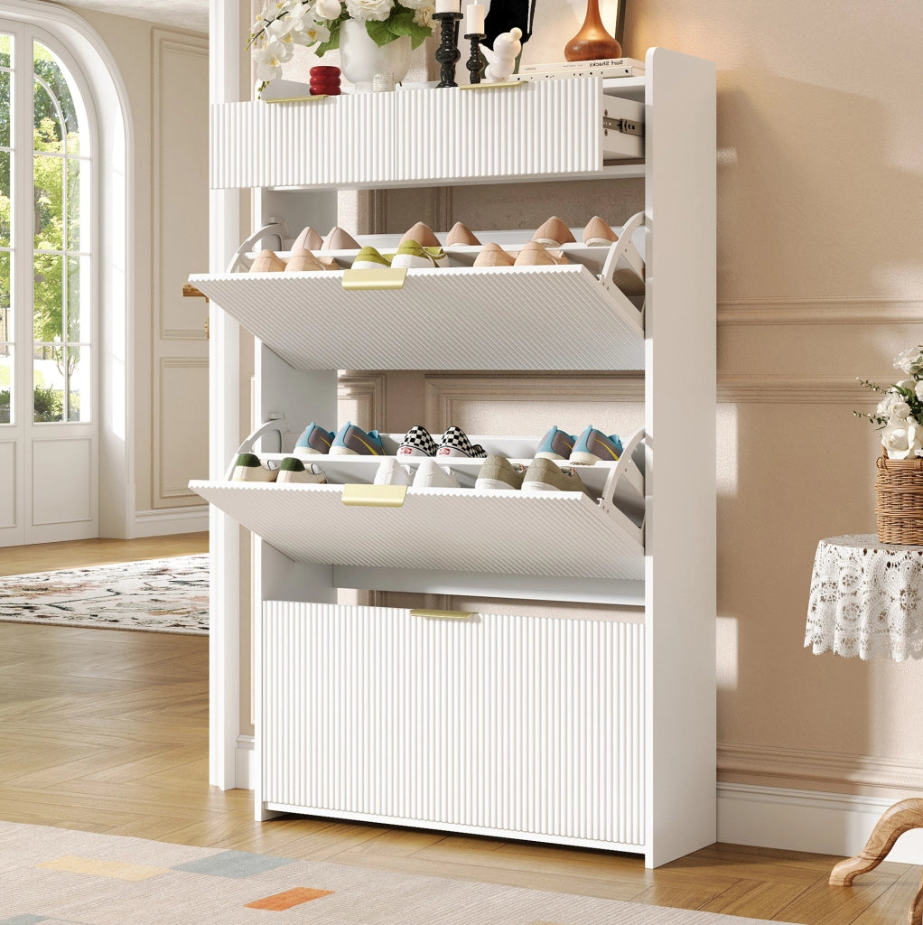 Scarpiera slim con 3 ante a ribalta e 2 cassetti; 80 ¡Á 25 ¡Á 135 cm; truciolare bianco