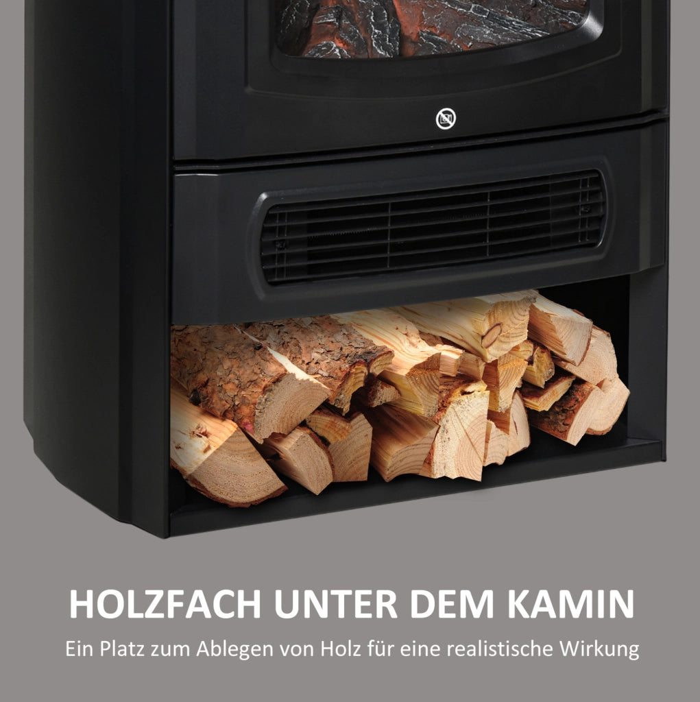 Camino Elettrico Nero con Effetto Fiamma Realistico, Termostato, 1000/2000 W, per Ambienti fino a 25 mq, 44,5x32,1x74 cm