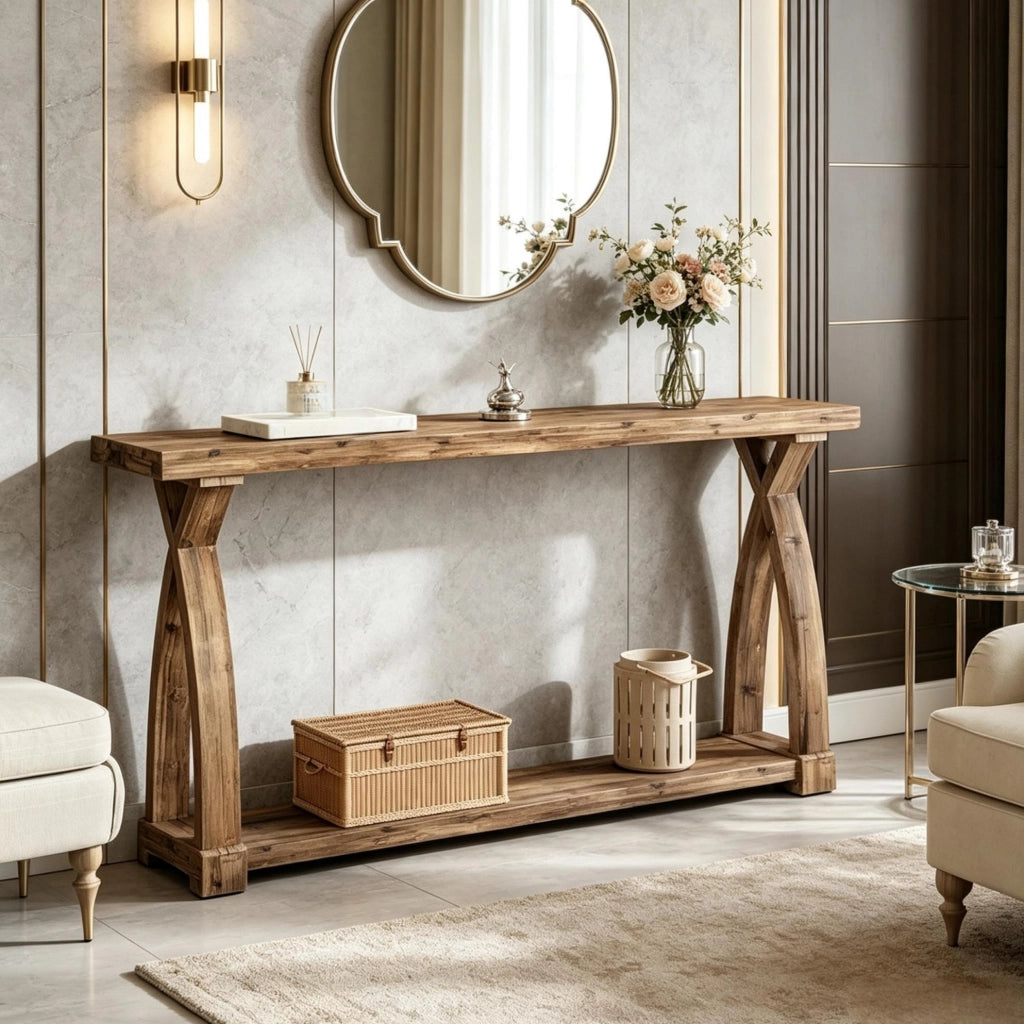 Tavolo consolle in legno marrone con ripiano inferiore; lunghezza 160 cm