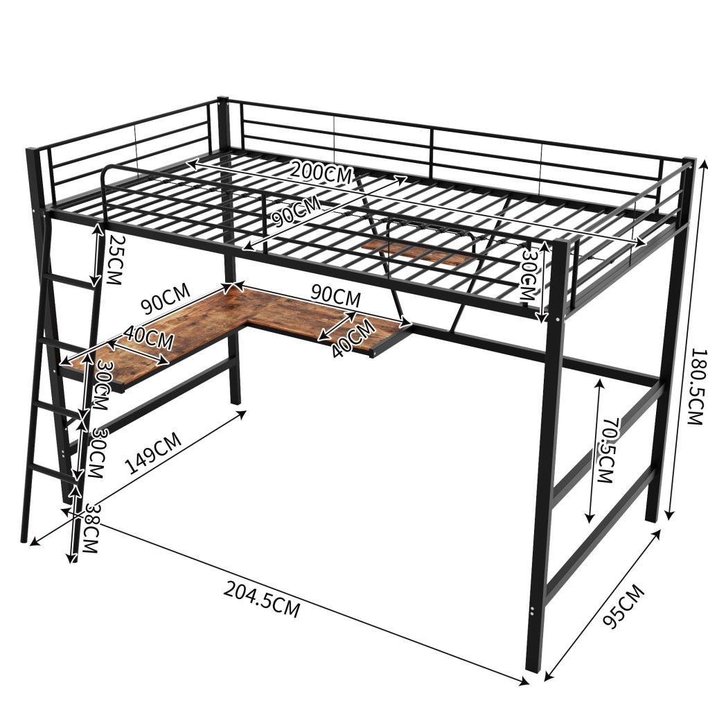 LETTO a soppalco 90x200 cm in metallo nero con scrivania a L e ripiano