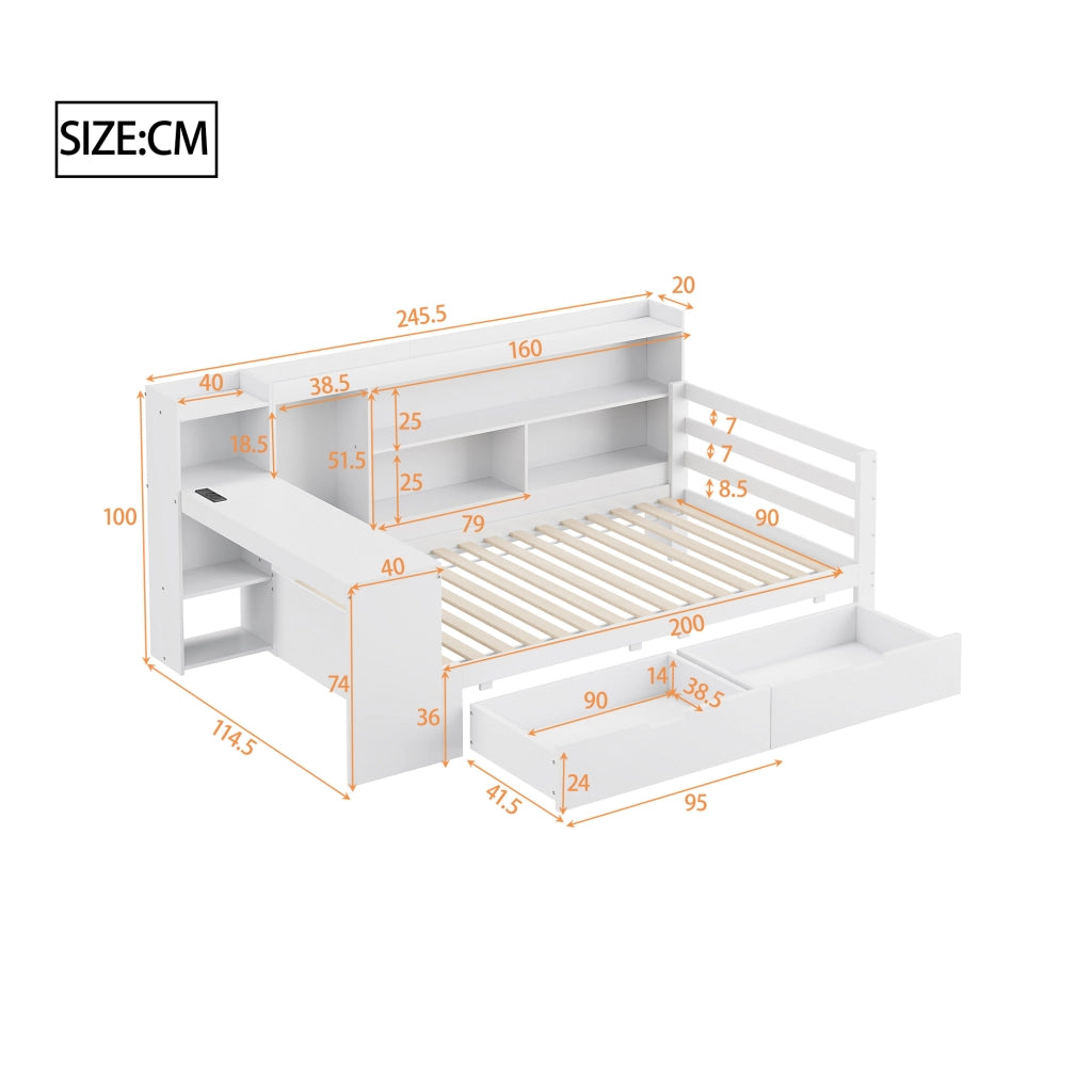 Letto con cassetti 90 × 200 cm con scrivania scaffali prese USB e di corrente rete a doghe in legno bianco