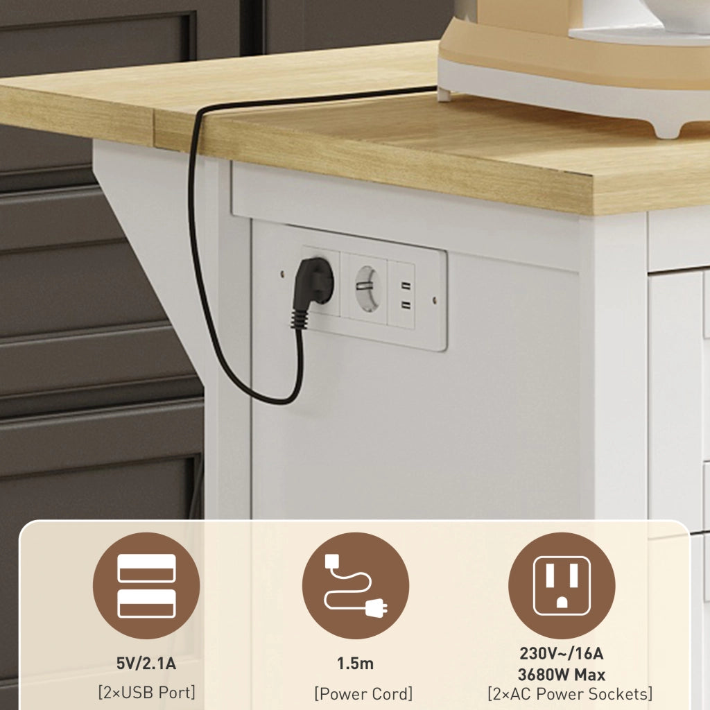 Credenza con piano ribaltabile 5 cassetti 2 ripiani estraibili prese e USB bianco naturale 150 × 65 × 75.5 cm
