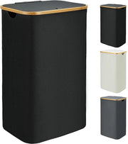 Wasmachine grande con coperchio - 110L - Nero - Ripiegabile - Maniglie in bambù
