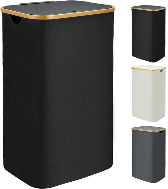 Wasmachine grande con coperchio - 110L - Nero - Ripiegabile - Maniglie in bambù