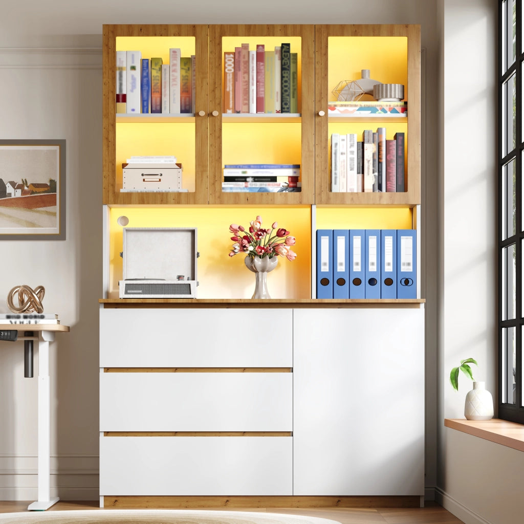 Vetrina alta LED con 3 cassetti, anta e vano con passacavi per cucina e soggiorno, MDF bianco rovere, 120 × 200 cm
