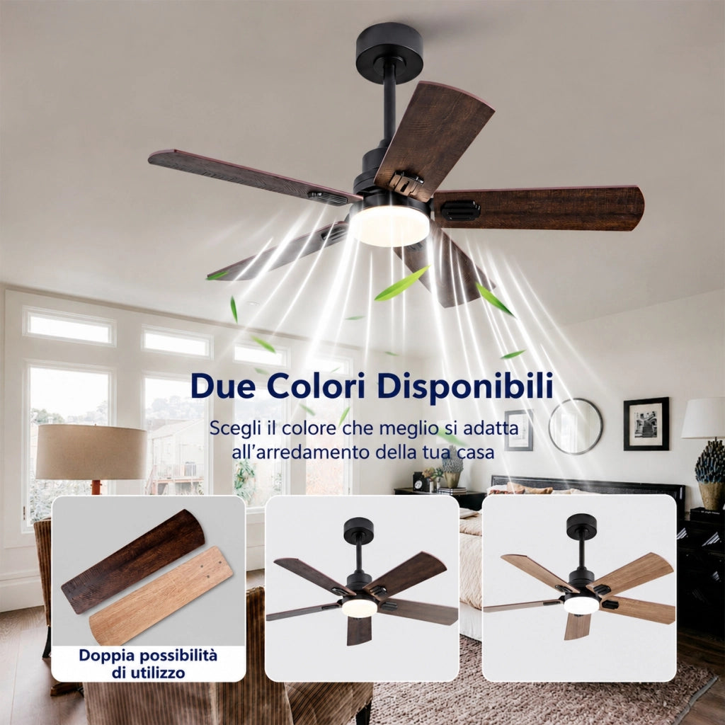 Ventilatore da soffitto con luce e telecomando; 107 cm; 5 pale e 6 velocità; LED dimmerabile; metallo e legno; nero e noce scuro