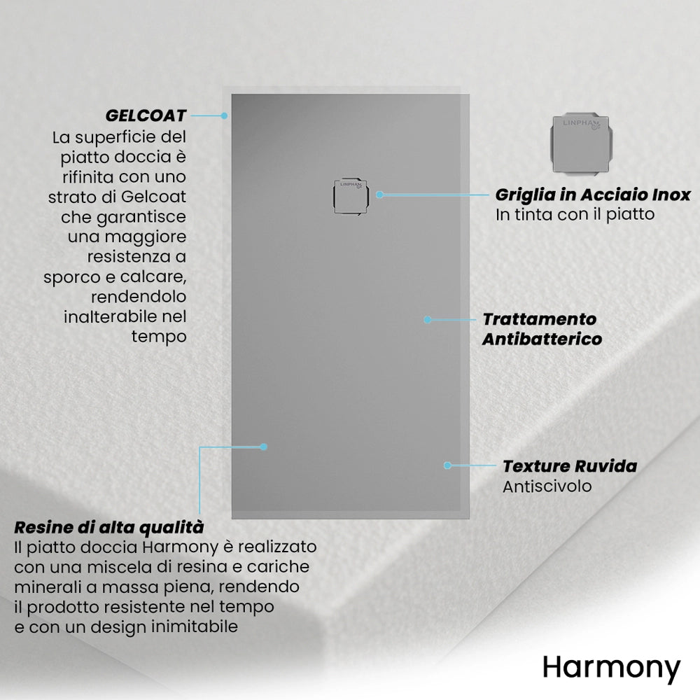 Piatto doccia 70x120 in marmoresina cemento con griglia in acciaio inox Harmony