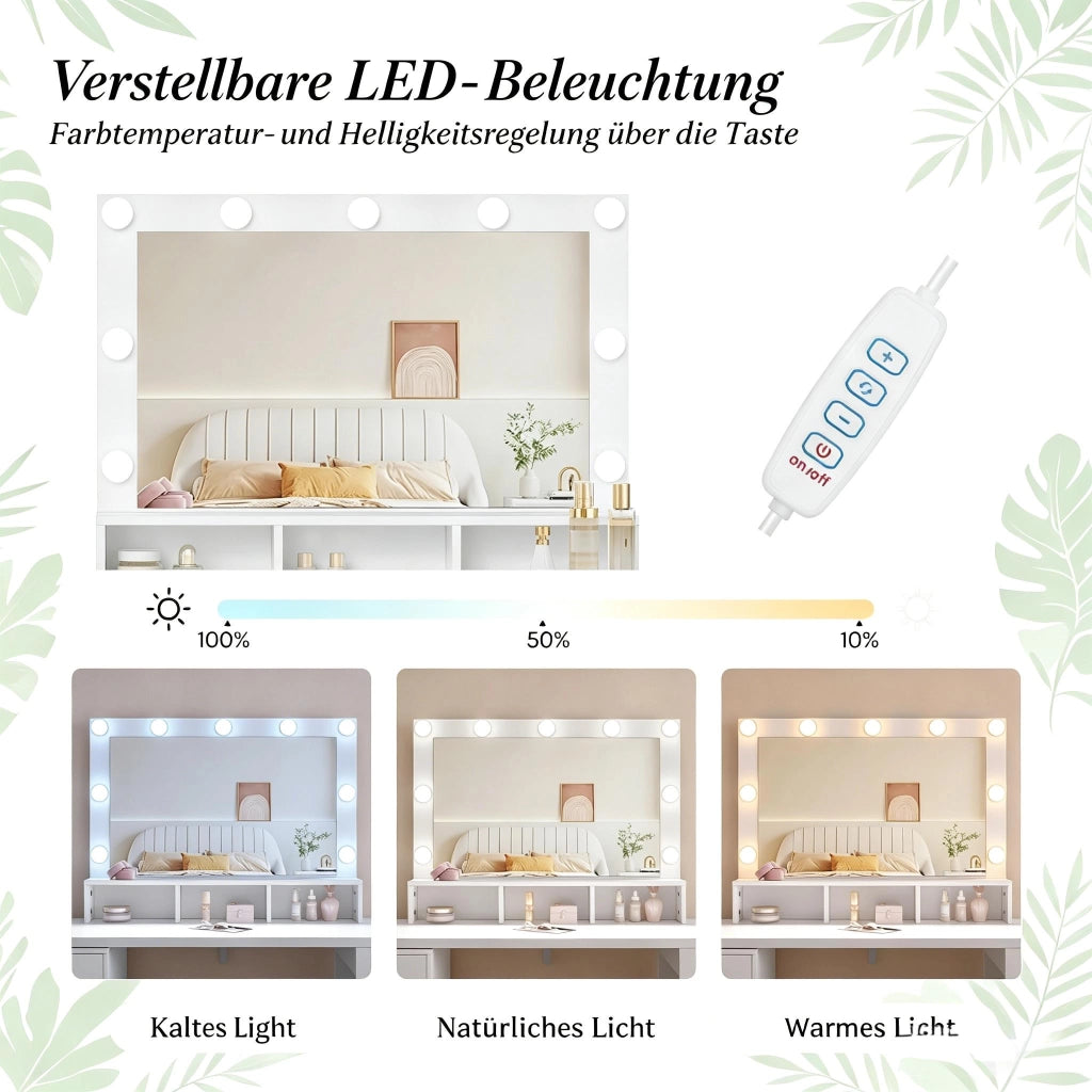 Toeletta con specchio LED regolabile; 6 cassetti e configurazione lineare o a L bianca 90 ¡Á 134.5 ¡Á 40 cm
