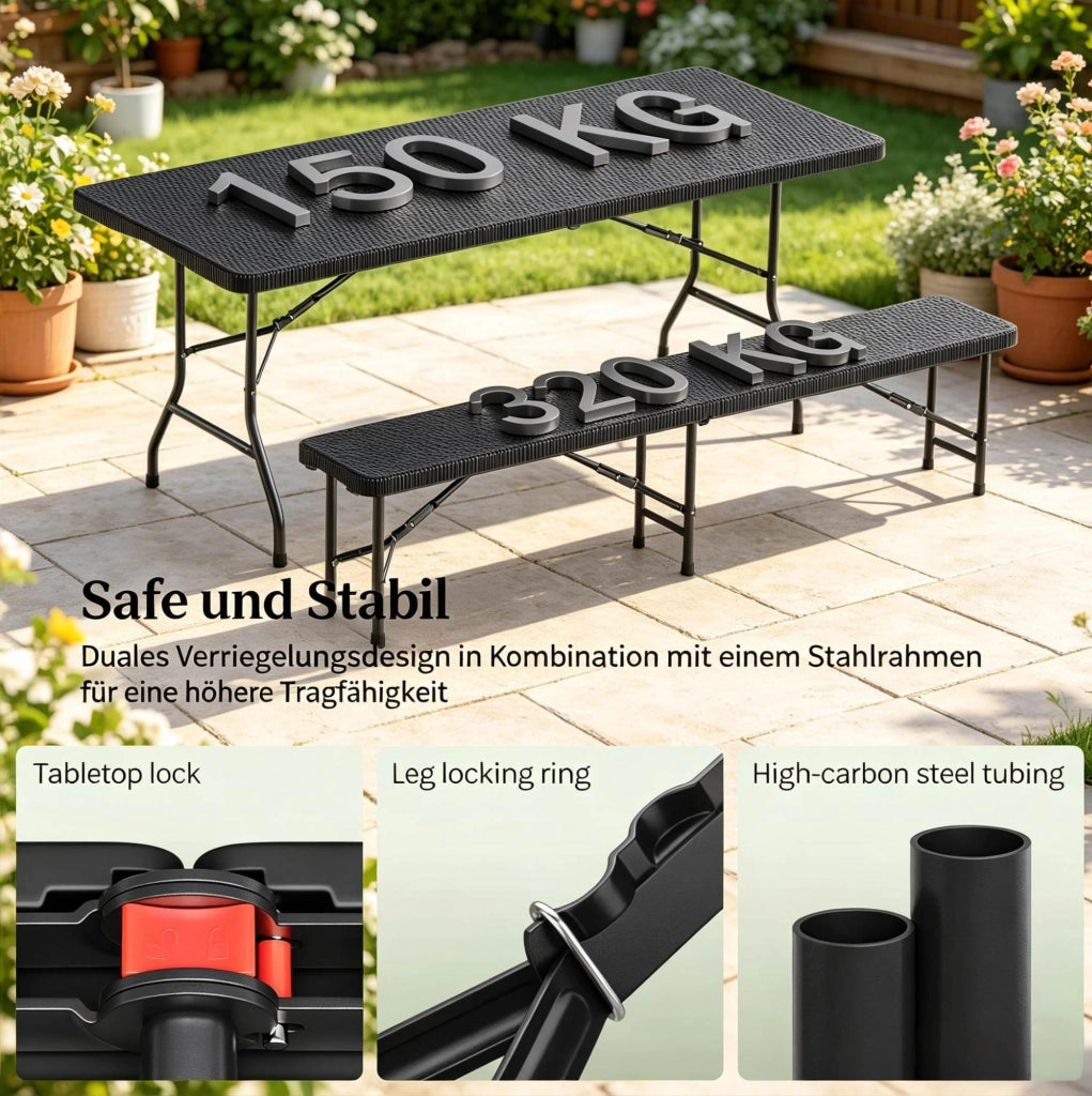 Set Mobili da Giardino Pieghevole 8-10 Persone con Tavolo 180x74x70 cm e 2 Panche, Nero, in HDPE e Metallo