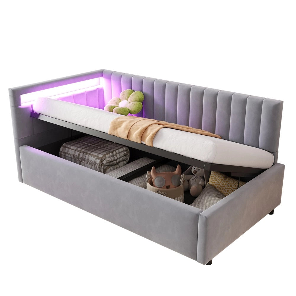 Letto Imbottito Contenitore con LED ¨C Xylo ¨C Velluto Grigio Chiaro 90x200