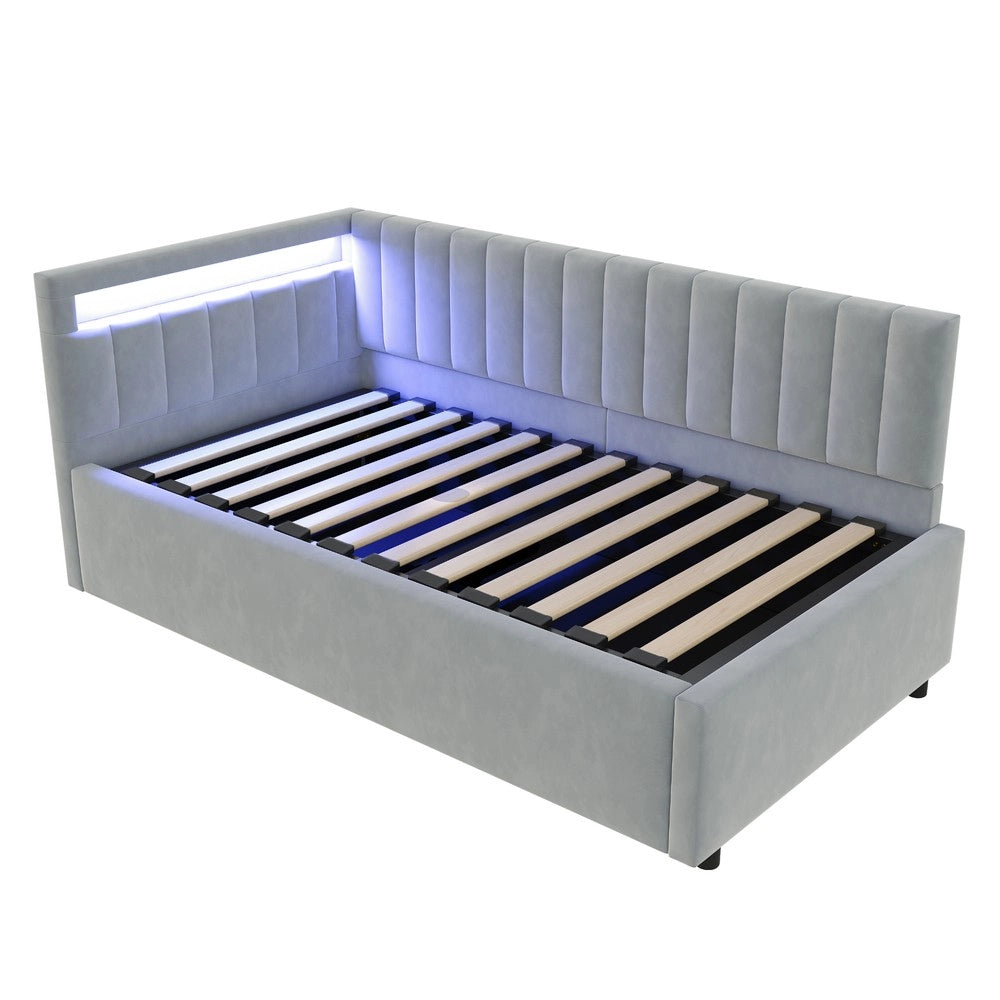 Letto Imbottito Contenitore con LED ¨C Xylo ¨C Velluto Grigio Chiaro 90x200