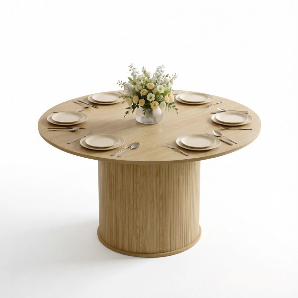 Tavolo da pranzo rotondo Ø 120 cm in finitura legno naturale con base cilindrica scanalata