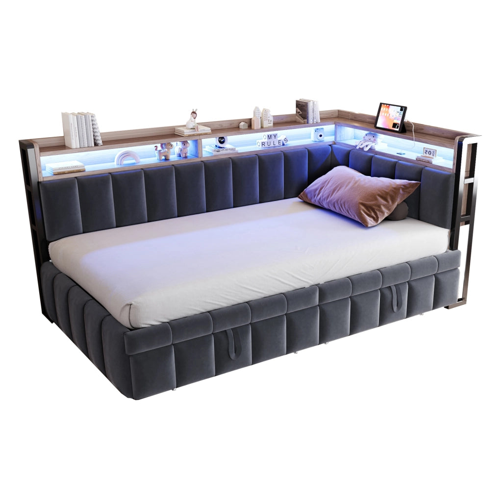 Divano letto estraibile ULEVR 90x200 cm con LED, USB e Type-C, vani portaoggetti, velluto grigio