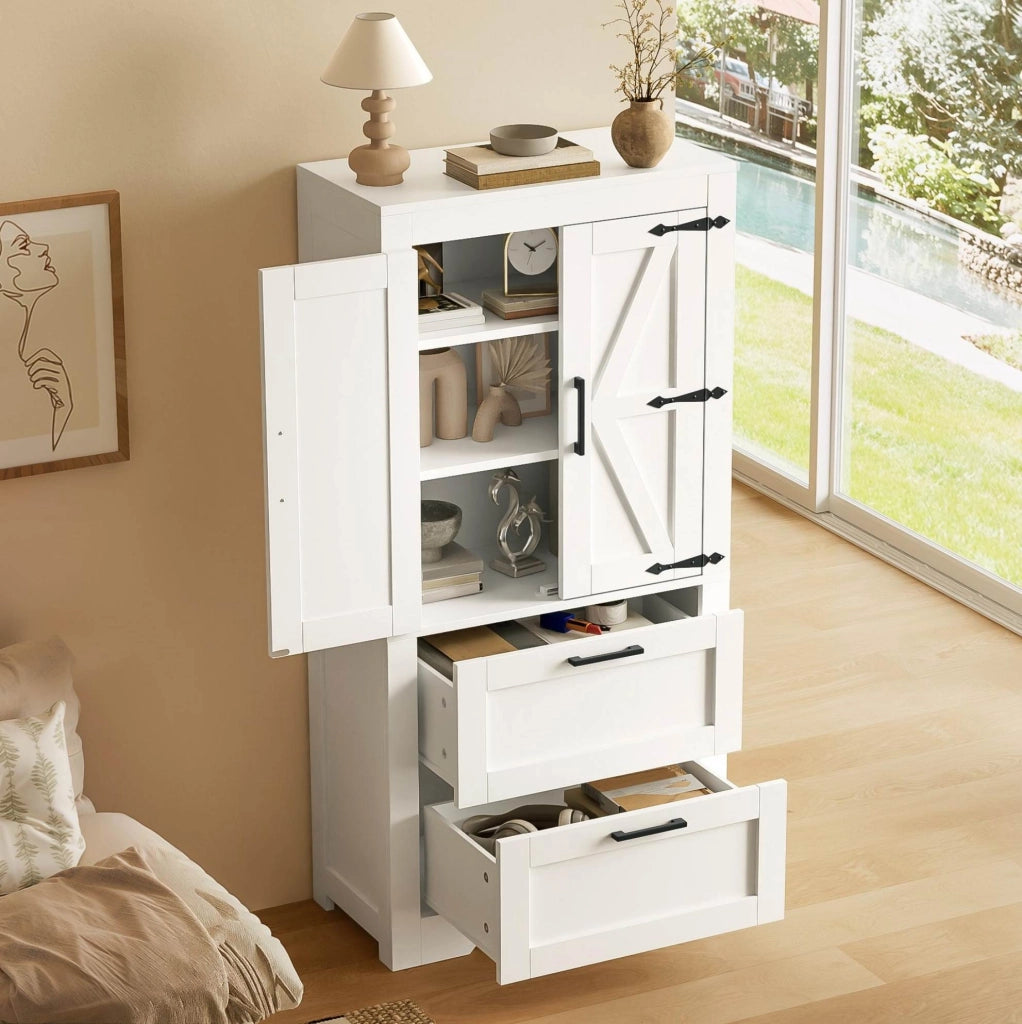 Credenza alta 60x30x128 cm con 2 cassetti e ripiani regolabili in MDF e truciolare; bianca