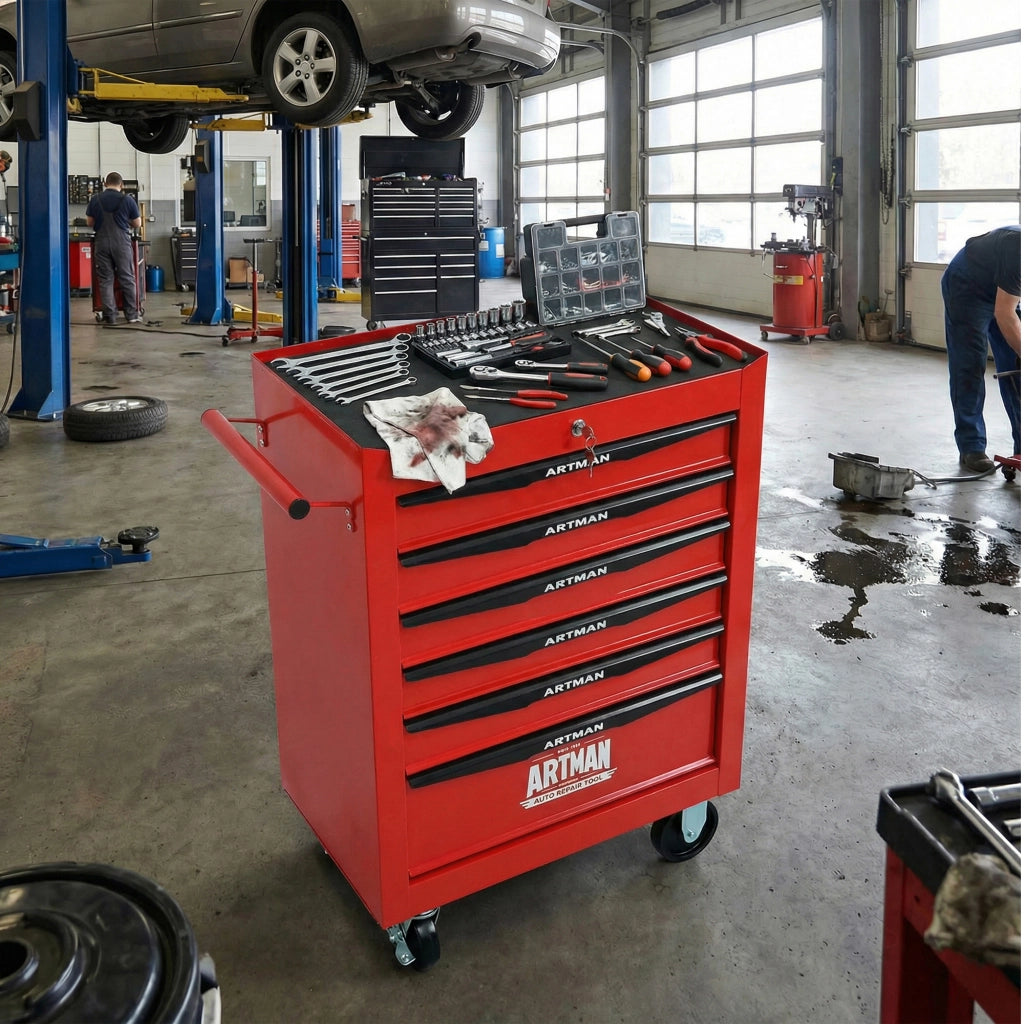 Armadio da officina mobile con 6 cassetti e ruote con freno in acciaio rosso e nero 60.0 × 33.0 × 77.5 cm