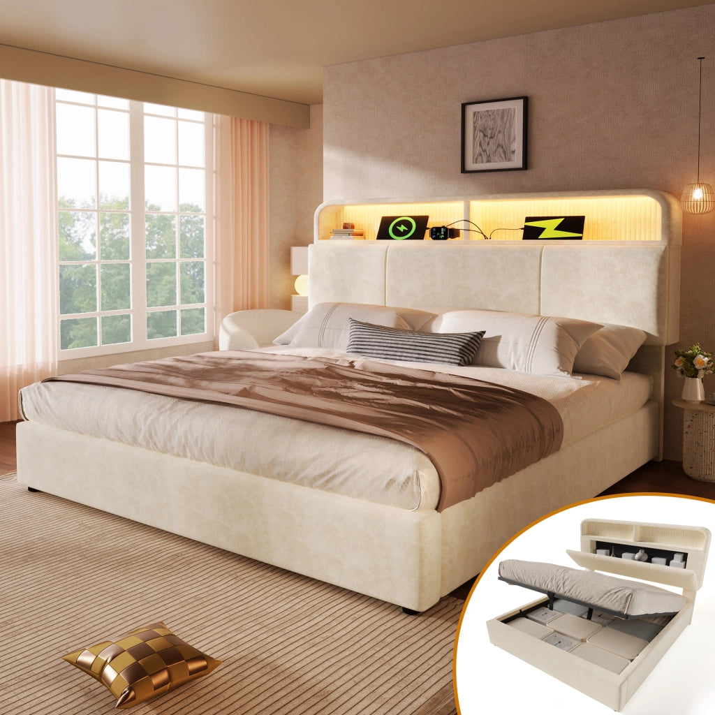 Letto contenitore imbottito 140x190 cm con testiera regolabile e vani; LED; USB; USB-C; rete a doghe; velluto beige