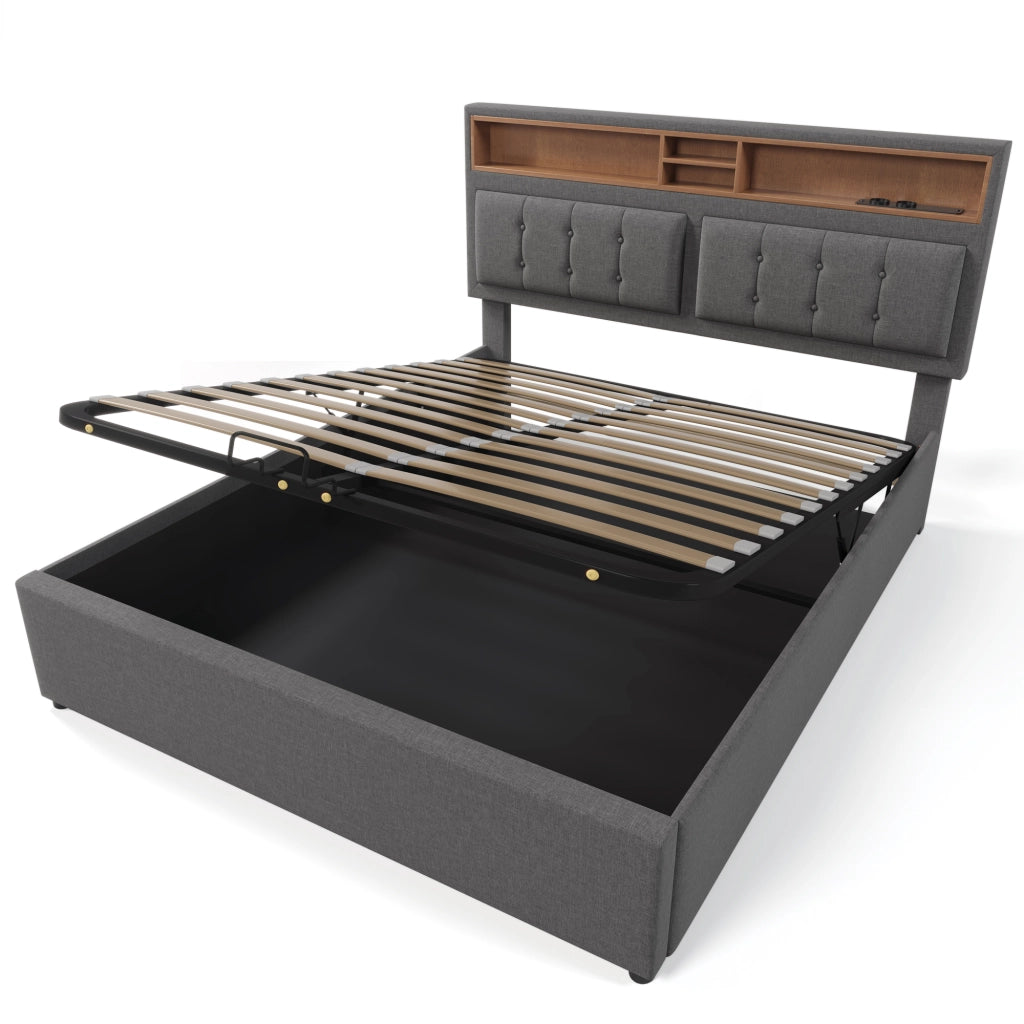 Letto matrimoniale 160×200 cm con vano contenitore, prese e testiera regolabile, senza materasso, grigio