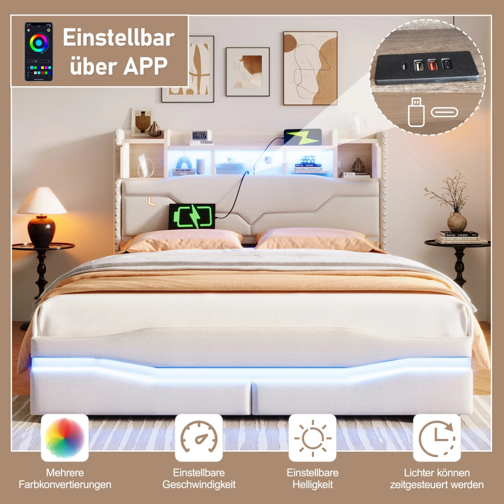 Letto contenitore 140 × 200 cm con sollevamento idraulico; testiera con vano; LED; USB e Type-C; beige