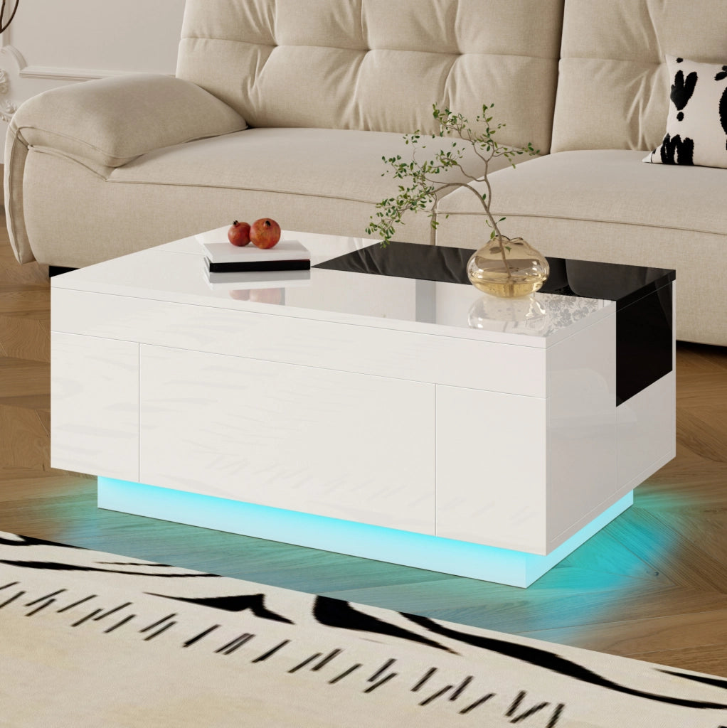 Tavolino da caffè moderno con LED RGB; piano estraibile e cassetto; 80 x 50 x 35;5 cm; bianco e nero