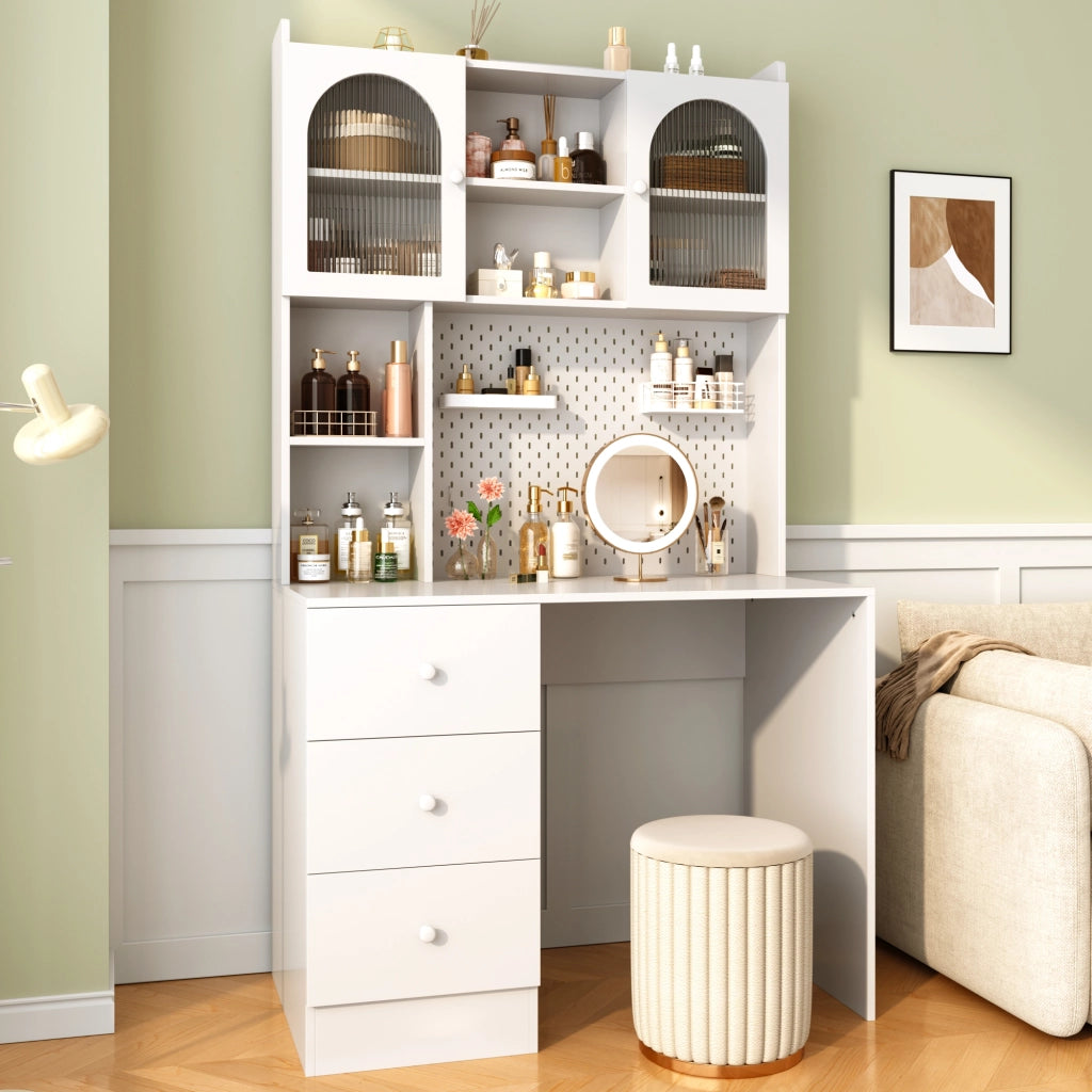 Scrivania lineare con armadio e libreria, pannello organizer, 3 cassetti e vetri semitrasparenti, bianca, 100 × 55 × 180 cm