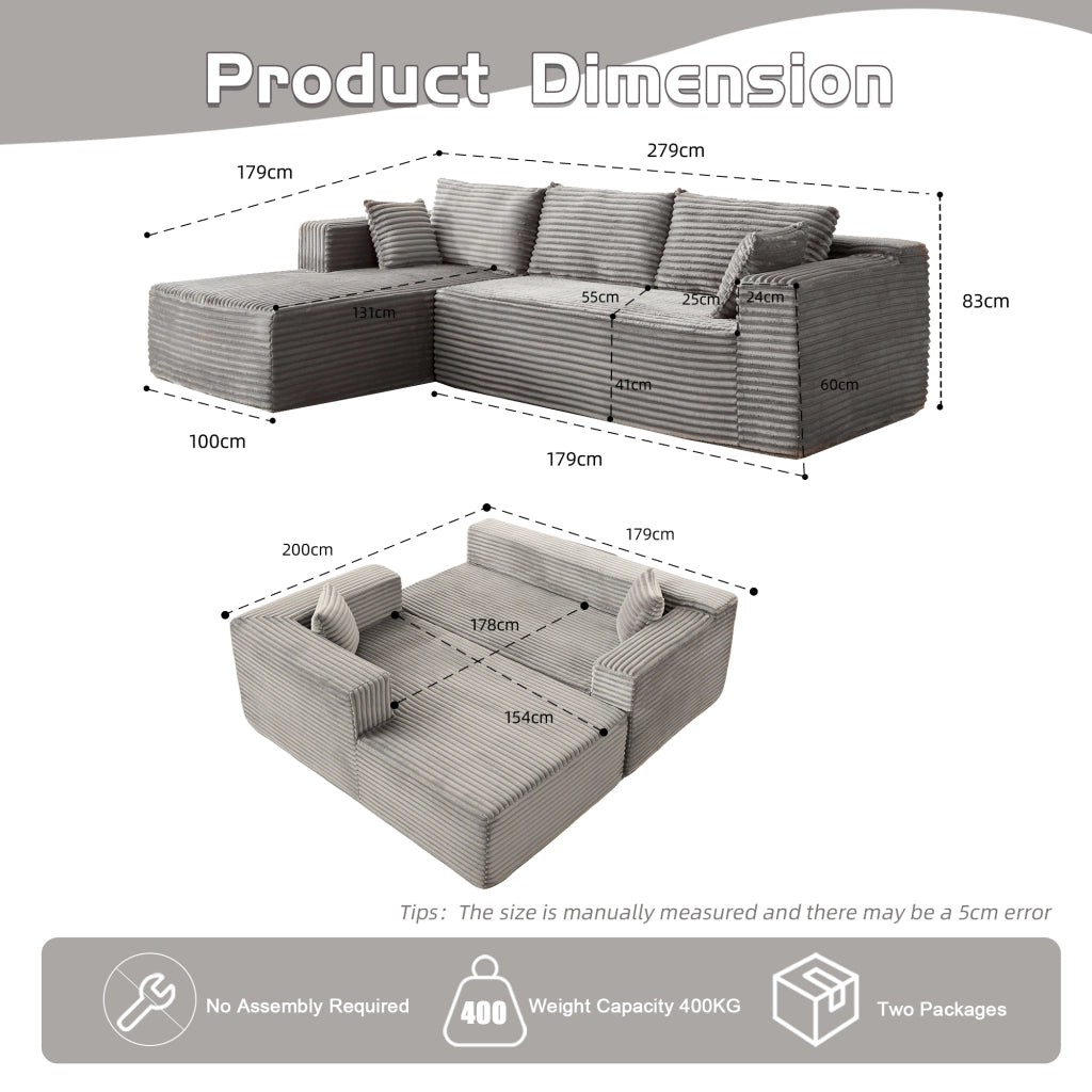 Divano angolare modulare con chaise longue ¨C Xylo ¨C tessuto velluto grigio con seduta profonda