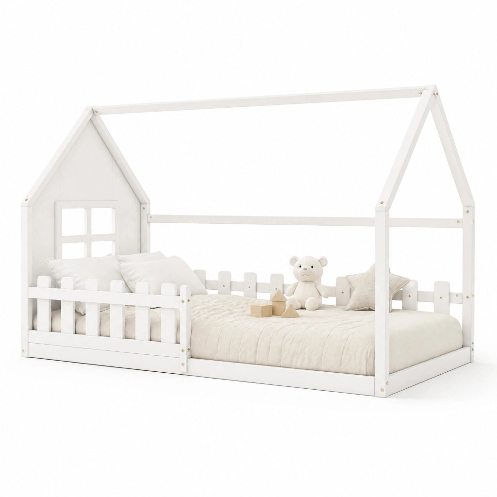 Letto per bambini 90x200 cm in pino e MDF a forma di casetta bianco