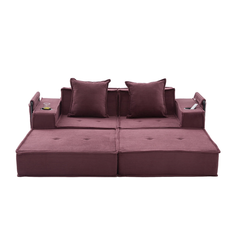 Divano modulare ULEVR 162x78x66 cm con 2 cuscini e tasche laterali, in velluto a coste rosso vino