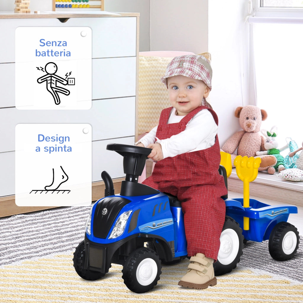 Trattore per Bambini Cavalcabile con Rimorchio, Rastrello e Pala, Gioco Educativo per Bimbi 12-36 Mesi, 91x29x44cm, Blu