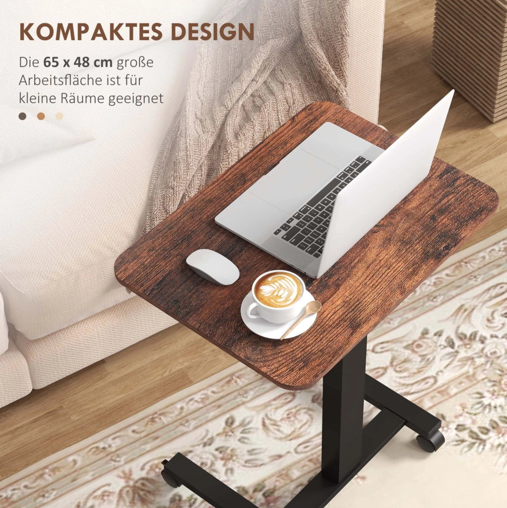 Scrivania per Laptop Regolabile in Altezza con Ruote e Freno, 65x48 cm, Altezza 68-108 cm, Rustico Marrone