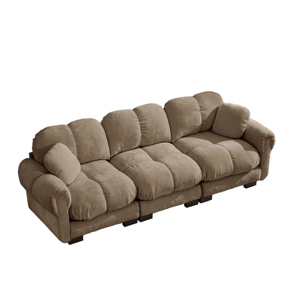 Divano modulare 3 posti 260x86x90 cm con sedute trapuntate e 2 cuscini mobili in ciniglia marrone