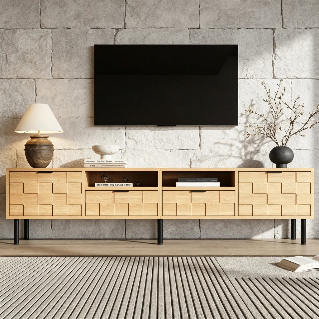 Mobile TV con 2 ante, 2 cassetti e 2 vani aperti, per soggiorno, in MDF e truciolare, naturale, 200 × 35 × 44,5 cm