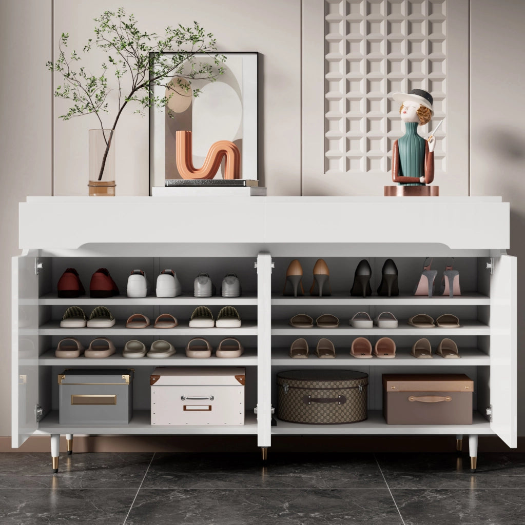 Scarpiera 140x39x84 cm in truciolare bianco e oro con 2 cassetti e ripiani regolabili
