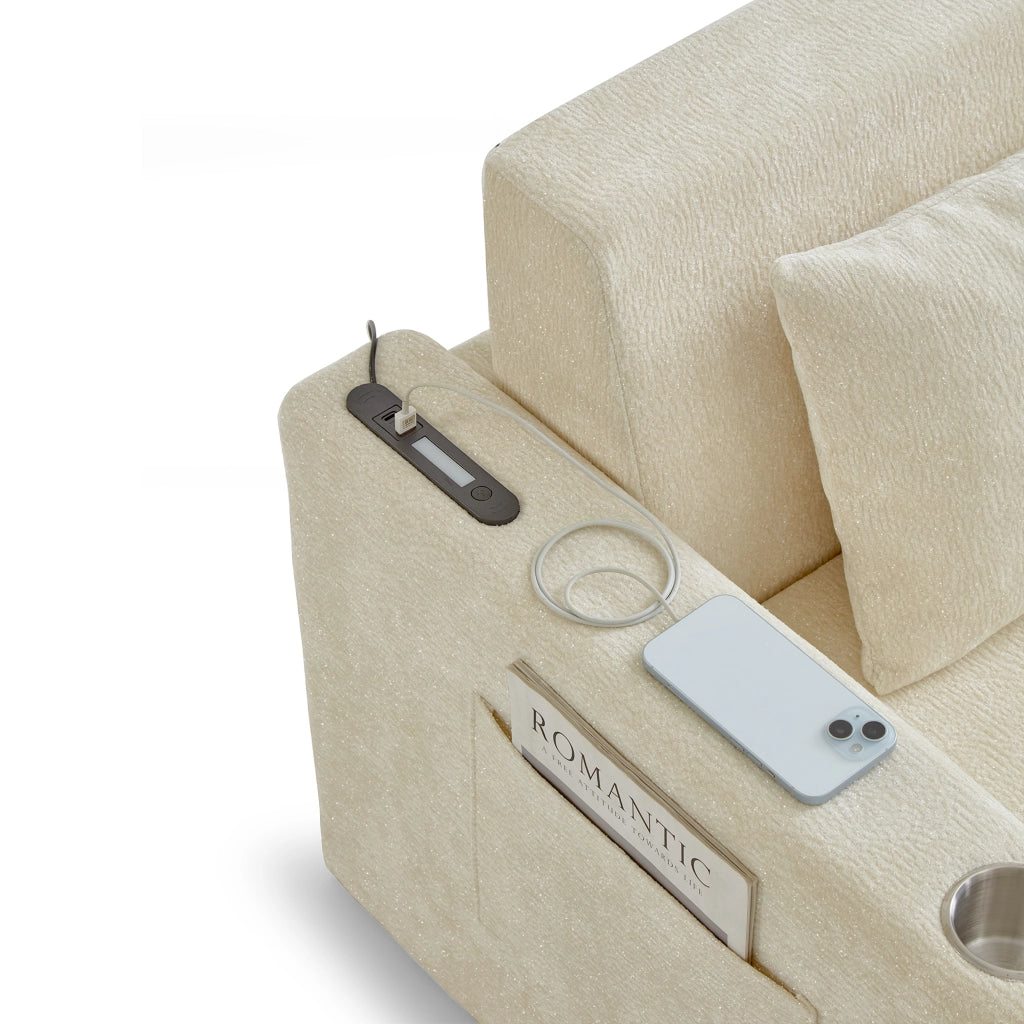 Divano letto 2 posti pieghevole con USB e portabevande in ciniglia beige