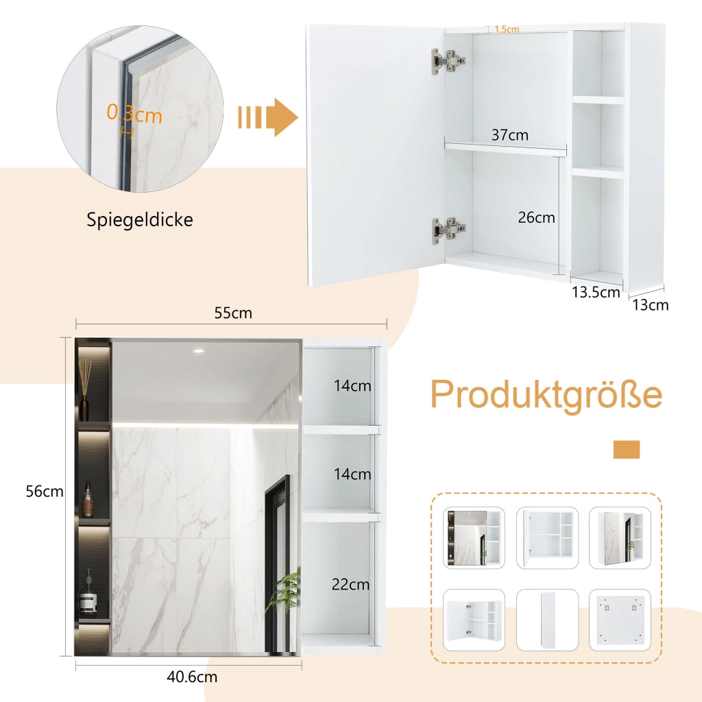 Armadio specchio da parete 55x56 cm bianco MDF con vani interni