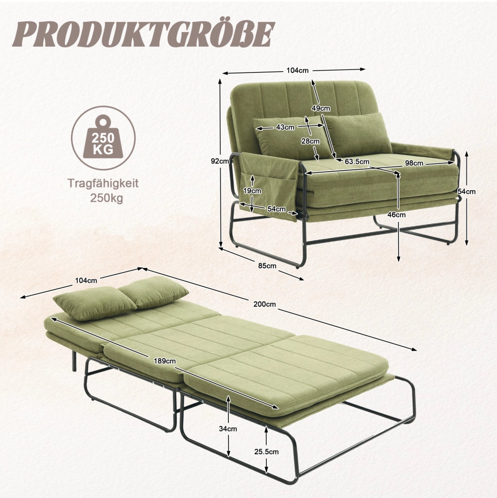 Divano letto 2 posti trasformabile 104x200 cm in chenille e metallo; verde oliva