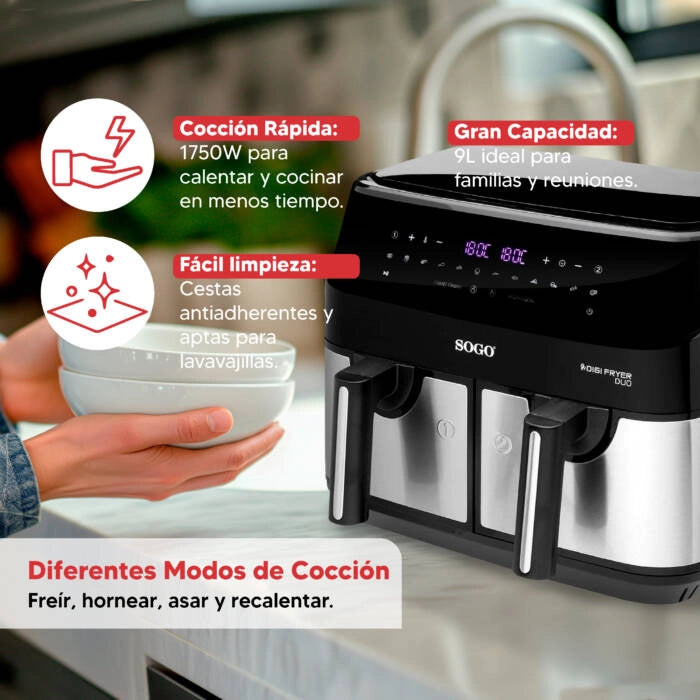 Friggitrice ad aria doppia 9L con 2 cestelli indipendenti, 12 programmi e temperatura 200°C 1750W per cucinare 2 piatti - Sogo