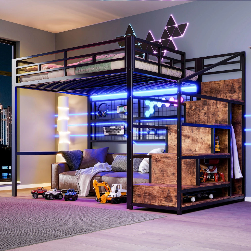 Letto a Soppalco con Armadio e LED ¨C MINIMAL ¨C Nero 140x200