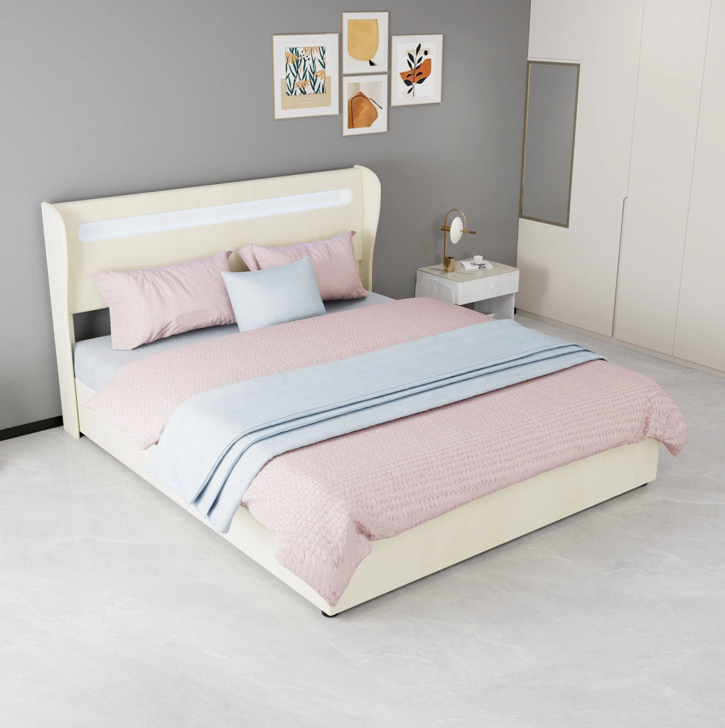 Letto matrimoniale LED 160x200 cm beige con contenitore e materasso