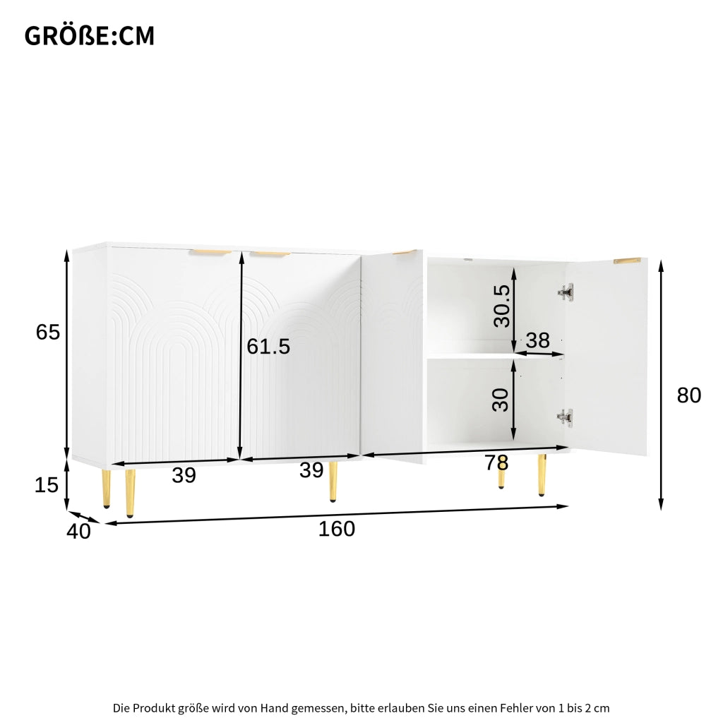 Sideboard soggiorno bianco, 160x80x40 cm, 4 ante, maniglie dorate spazzolate, gambe high-gloss