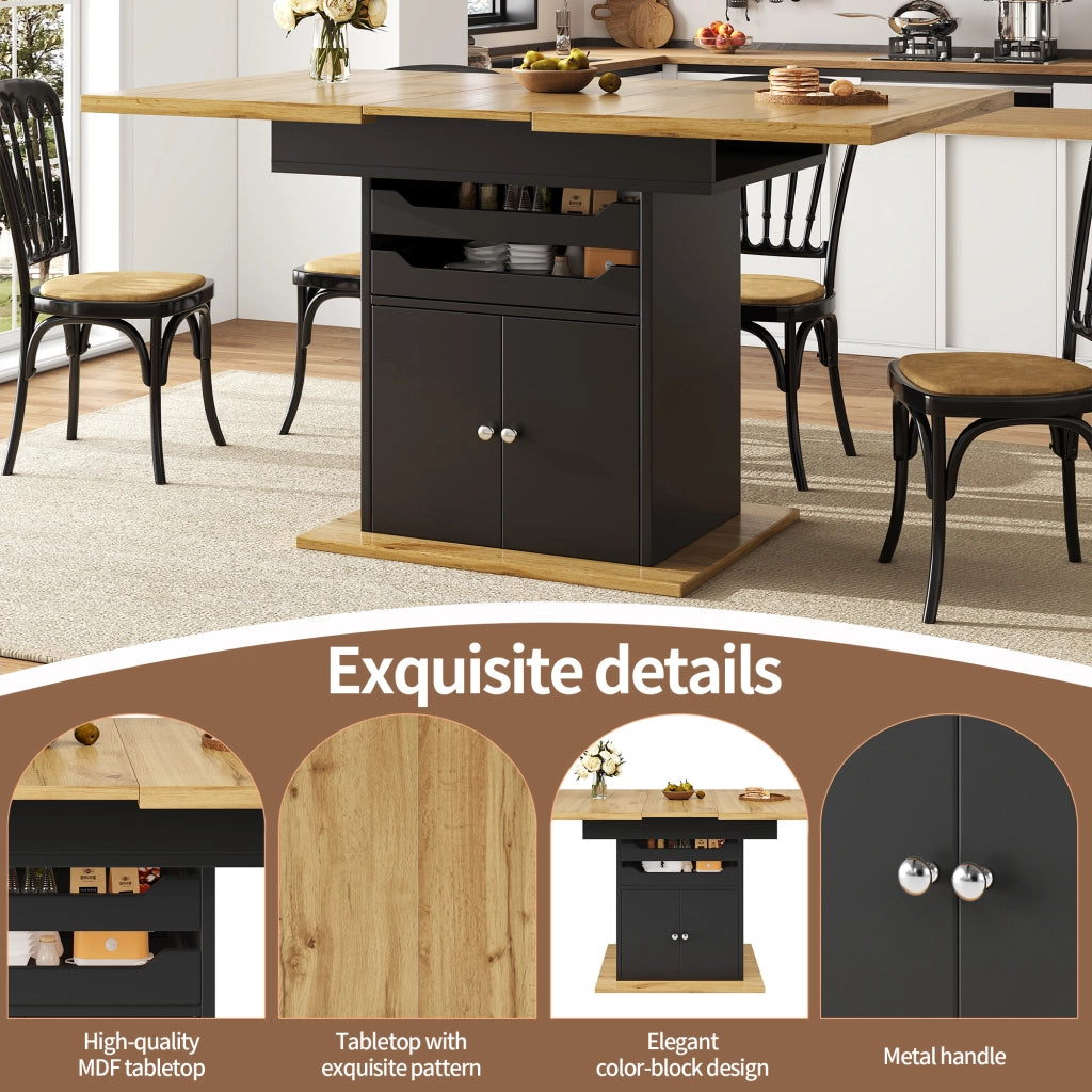 Tavolo allungabile con vani contenitore; ripiani estraibili e chiusura ammortizzata in MDF nero 110-140 × 80 × 76 cm