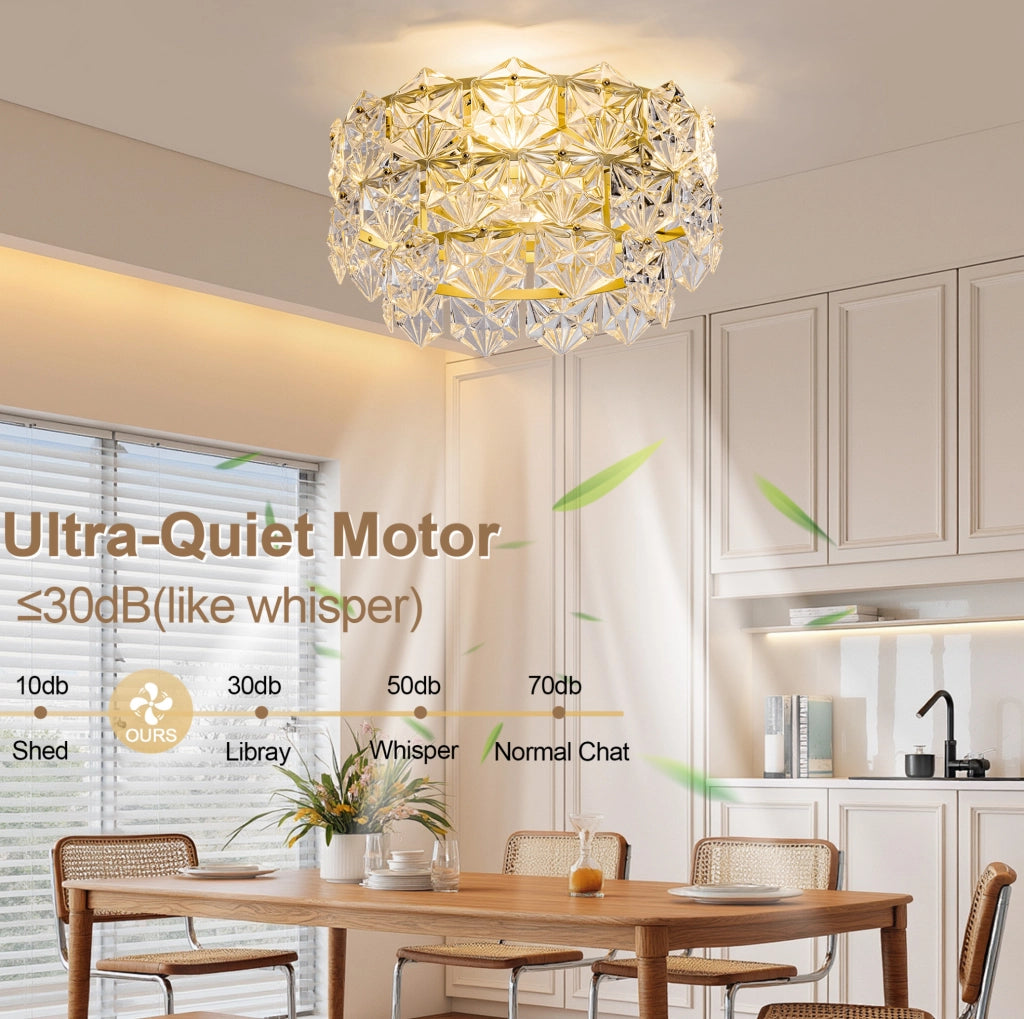 Ventilatore da soffitto 19" con lampadario a cristallo dorato, 6 velocità, motore DC silenzioso, controllo app e telecomando