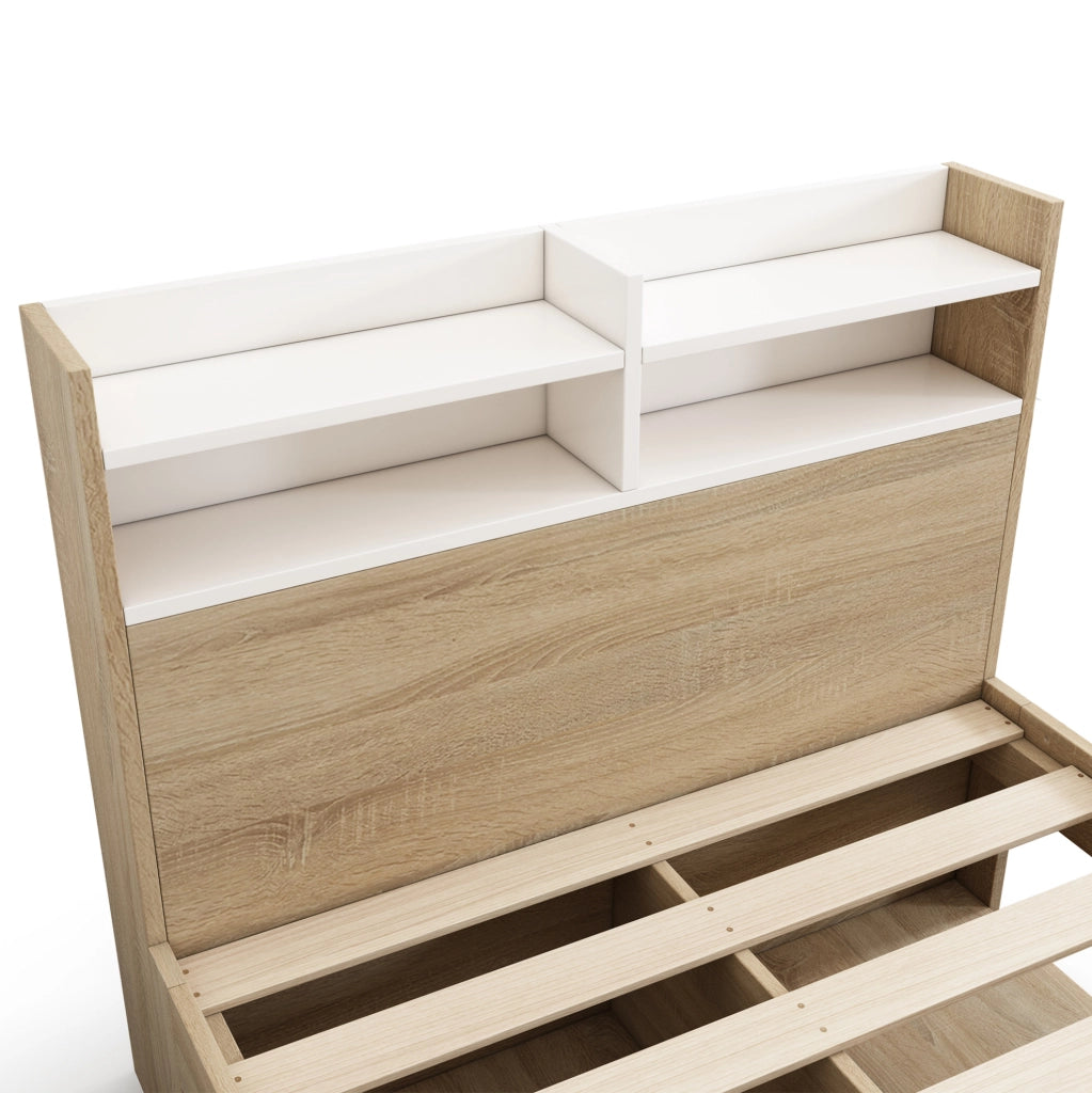 Letto 90x190 cm con ripiani testiera e 2 cassetti in legno bianco e rovere