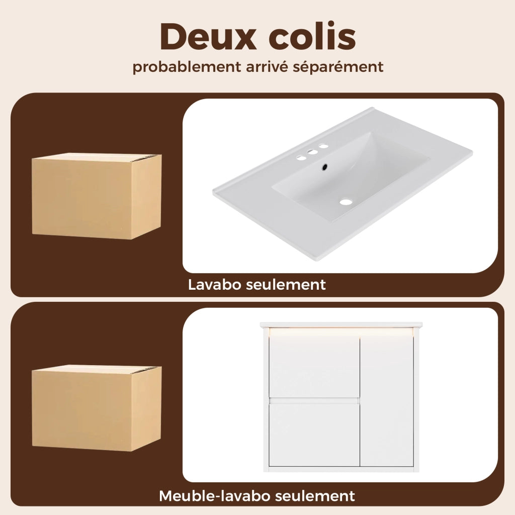 Mobiletto con lavabo sospeso con due cassetti e LED a sensore in MDF e ceramica bianco 61 × 46.5 × 57 cm
