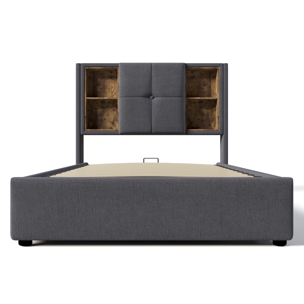 Letto singolo imbottito 90x200 cm grigio con contenitore